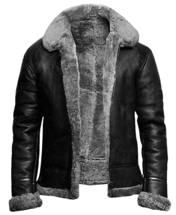Men Black Aviator Zippered Fur Collar Leather Jacket