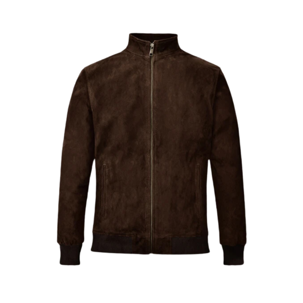 Men Dark Brown Suede Simple Zipper Jacket