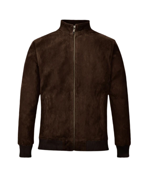 Men Dark Brown Suede Simple Zipper Jacket