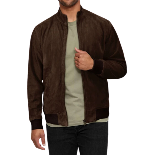 Men Dark Brown Suede Simple Zipper Jacket