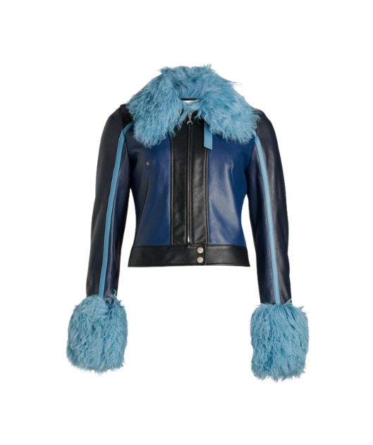 Women Black & Blue Fur Collar Stylish Leather Jacket