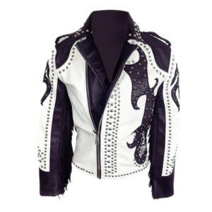 Unisex Black & White Fringe Stylish Leather Jacket