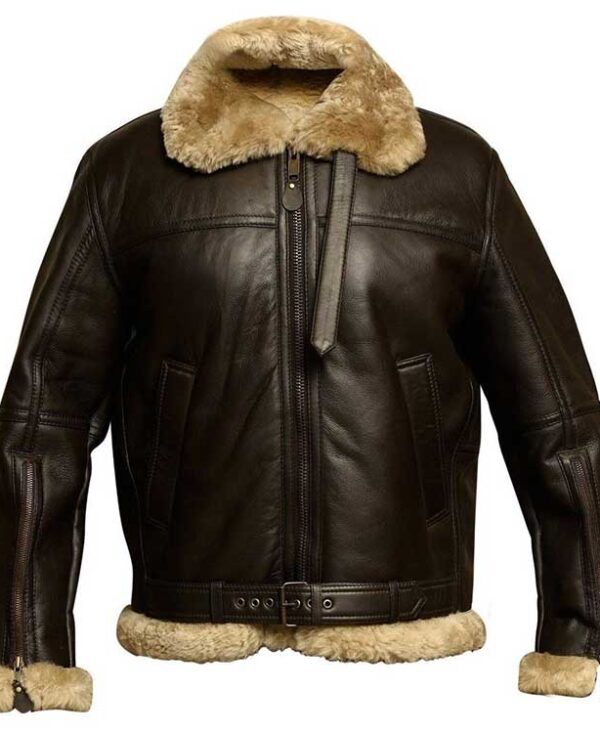 Men Dark Brown Shearling Fur Collar Leather Jacket