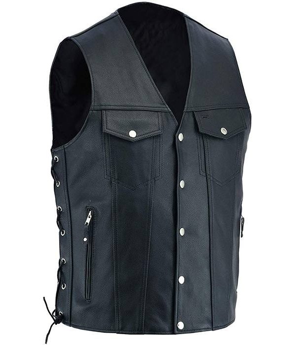 Men Black Leather Vest Side Zipper Pockets