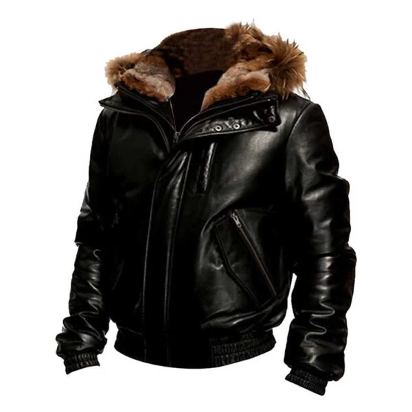 Men Black Bomber Hooded Leather Jacket