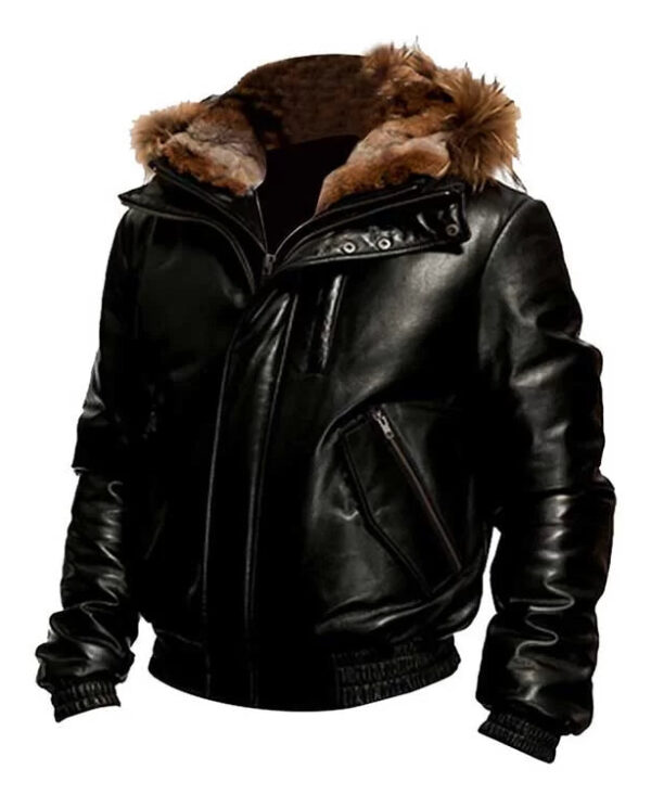 Men Black Bomber Hooded Leather Jacket