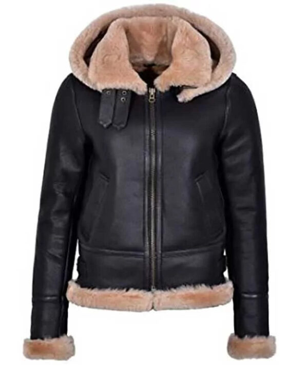 Women Black Aviator Hooded Leather Jacket