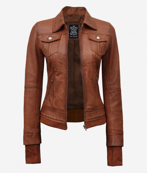 Women Tan Bomber Hooded Leather Jacket