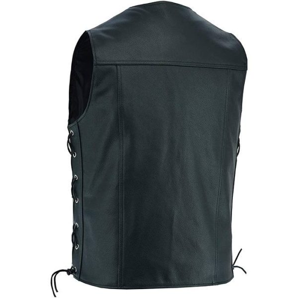 Men Black Leather Vest Side Zipper Pockets