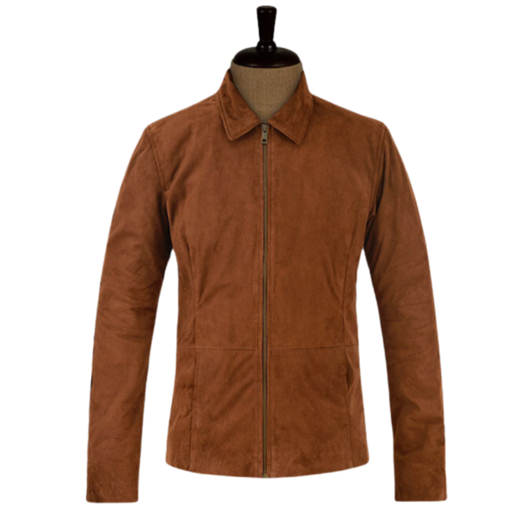Men Tan Brown Suede Shirt Collar Jacket