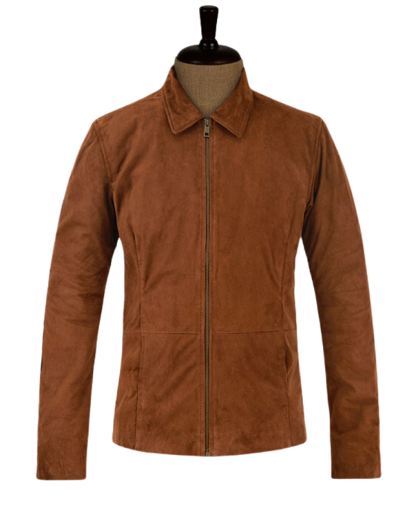 Men Tan Brown Suede Shirt Collar Jacket