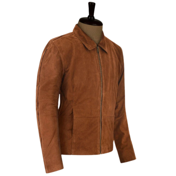 Men Tan Brown Suede Shirt Collar Jacket - Image 3