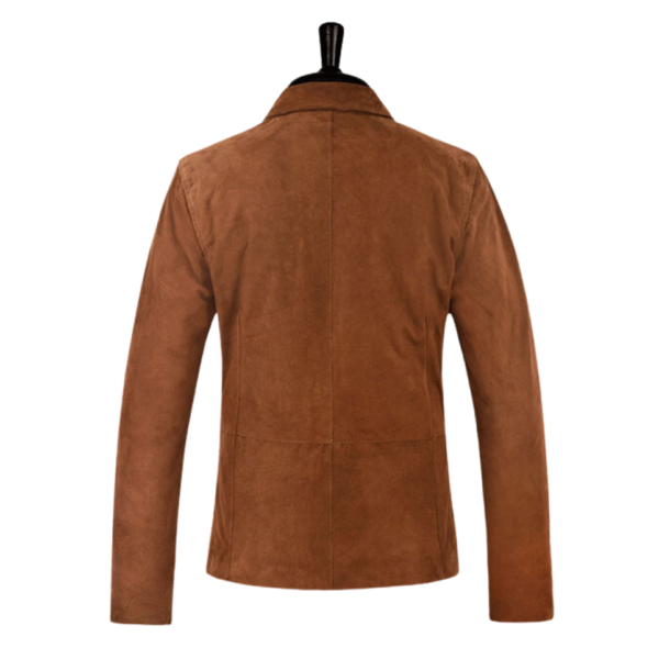 Men Tan Brown Suede Shirt Collar Jacket - Image 4