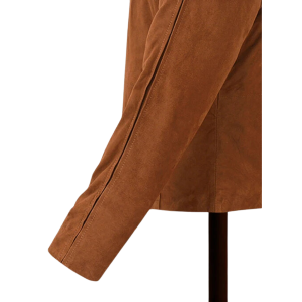Men Tan Brown Suede Shirt Collar Jacket - Image 7