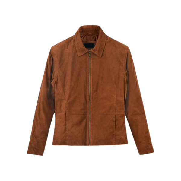 Men Tan Brown Suede Shirt Collar Jacket - Image 2