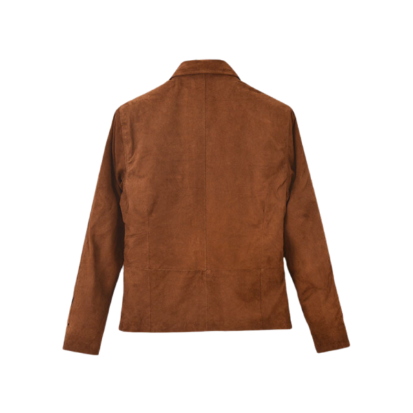 Men Tan Brown Suede Shirt Collar Jacket - Image 5