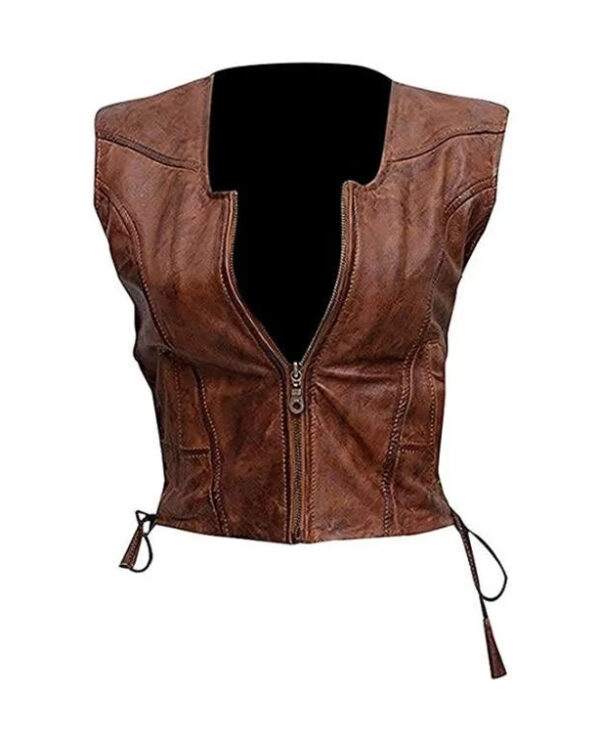 Women Brown Leather Vest Open Collar