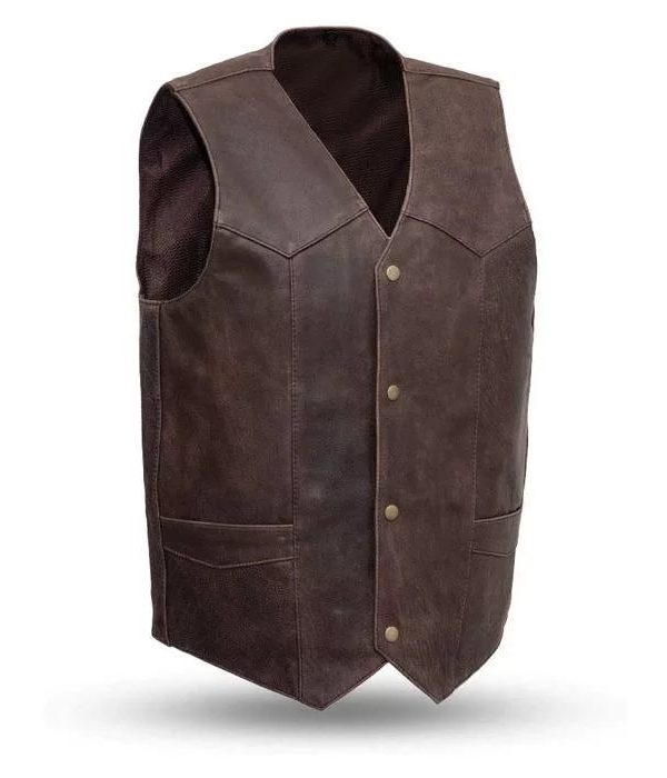 Men Brown Leather Vest Two Pockets