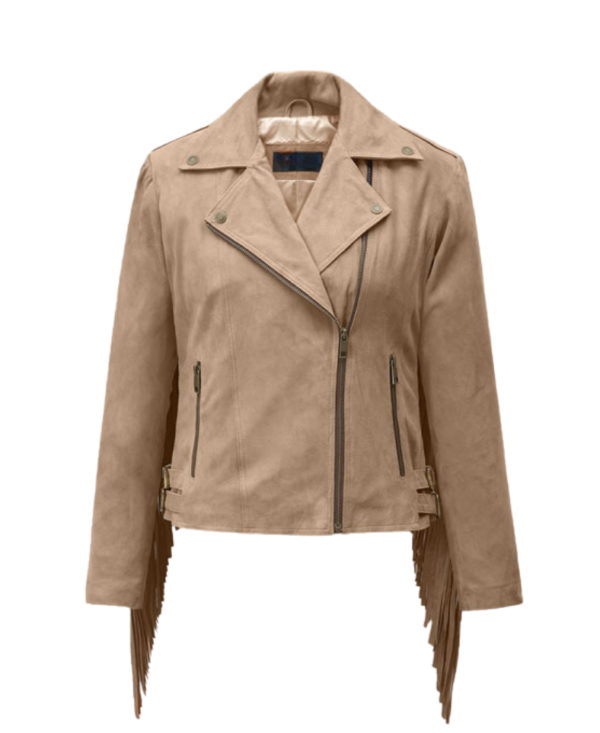 Women Beige Suede Stylish Fringes Jacket