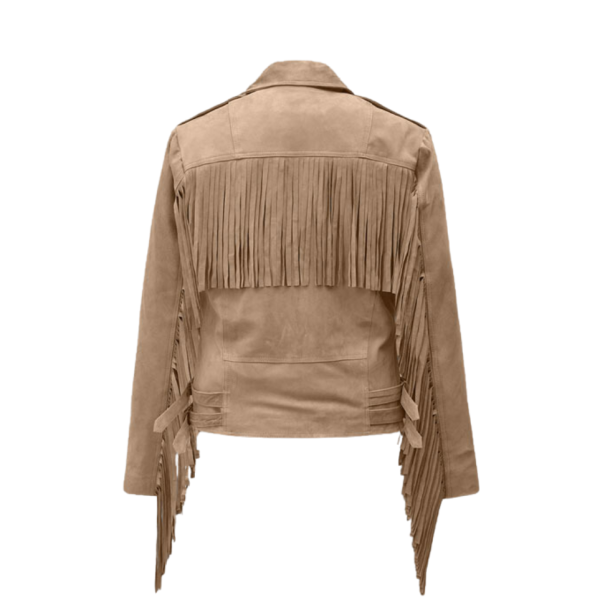 Women Beige Suede Stylish Fringes Jacket