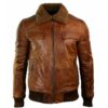Men Brown Bomber Fur Collar Leather Jacket