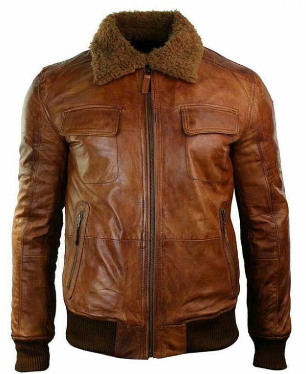 Men Brown Bomber Fur Collar Leather Jacket