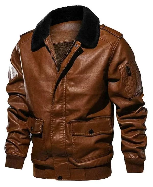 Men Brown Aviator Fur Collar Leather Jacket