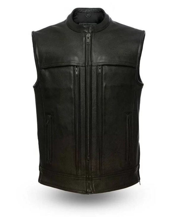 Men Black Leather Vest Triple Zip