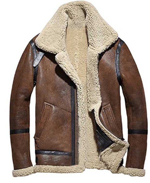 Men Brown Shearling Bomber Fur Leather Jacket