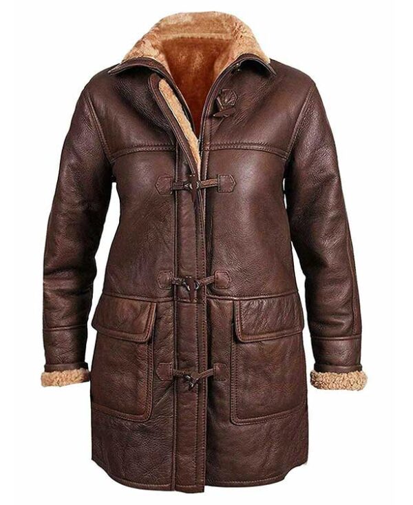 Women Brown Coat Duffle Hooded Leather Long