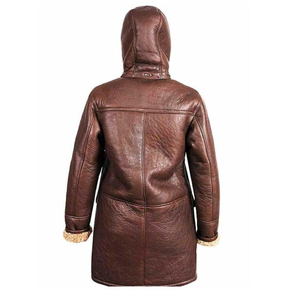 Women Brown Coat Duffle Hooded Leather Long