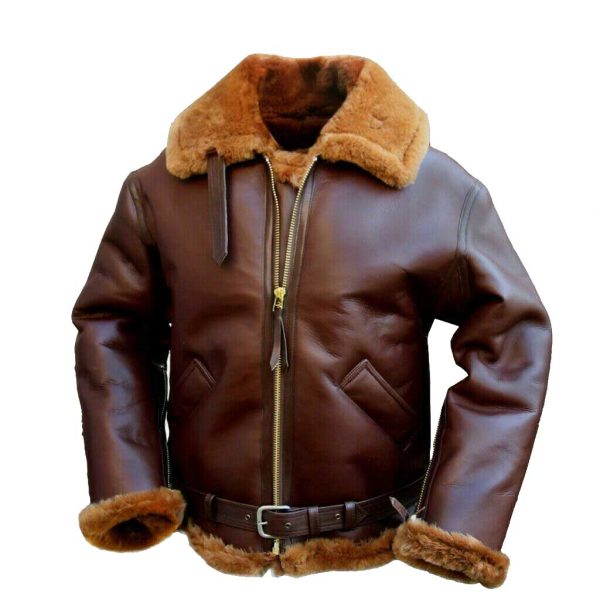 Men Brown Bomber Single Belt Leather Jacket