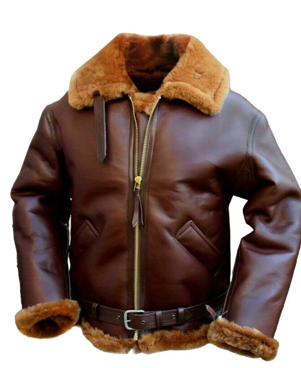 Men Brown Bomber Single Belt Leather Jacket
