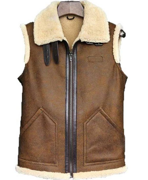 Men Brown Leather Vest Fur Collar