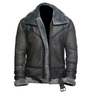 Men Grey Shearling Wax Leather Jacket