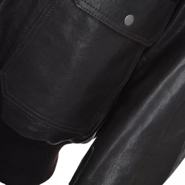 Men Black Aviator Fur Collar Two Pockets Leather Jacket