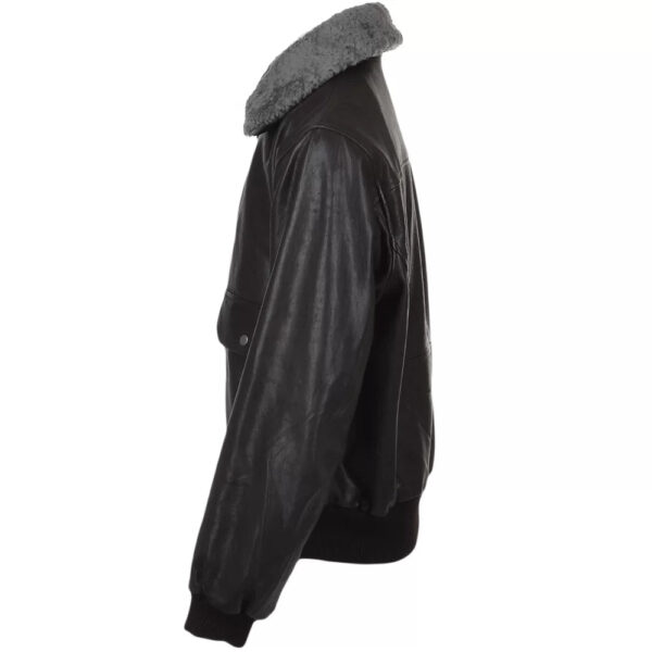 Men Black Aviator Fur Collar Two Pockets Leather Jacket