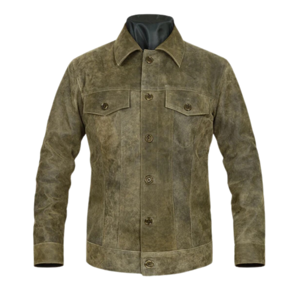 Men Greenish Brown Shirt Collar Rugged Leather Jacket