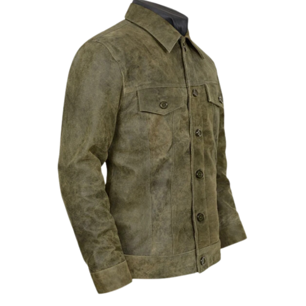 Men Greenish Brown Shirt Collar Rugged Leather Jacket