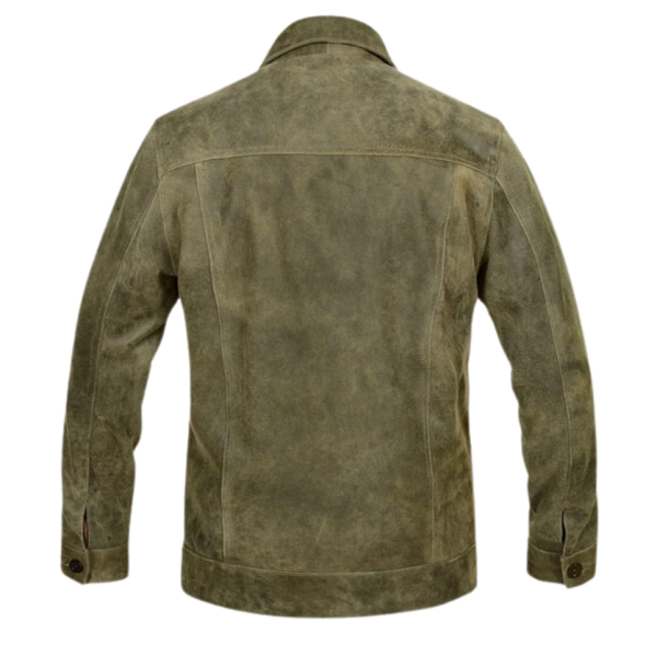 Men Greenish Brown Shirt Collar Rugged Leather Jacket