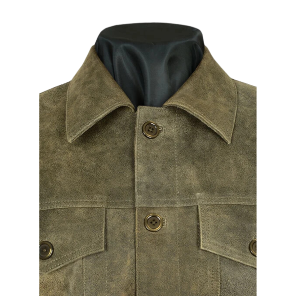 Men Greenish Brown Shirt Collar Rugged Leather Jacket