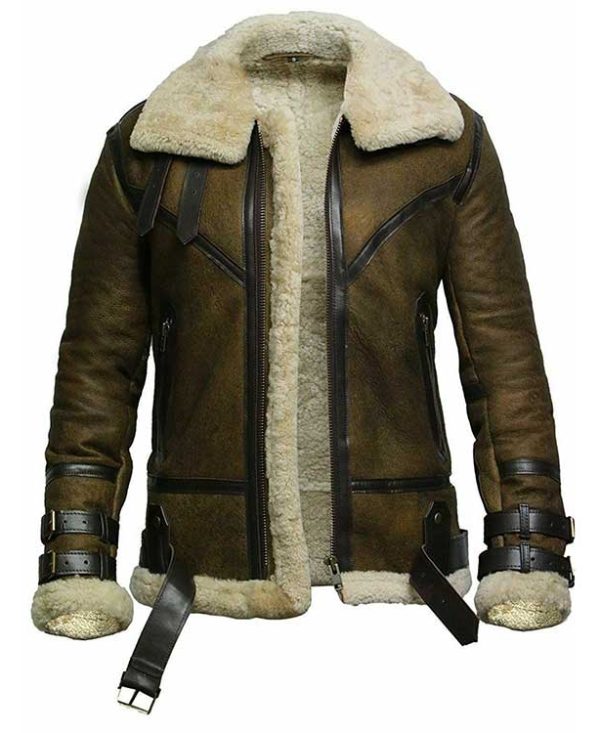 Men Brown Shearling Wax Bomber Fur Leather Jacket