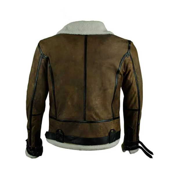 Men Brown Shearling Wax Bomber Fur Leather Jacket
