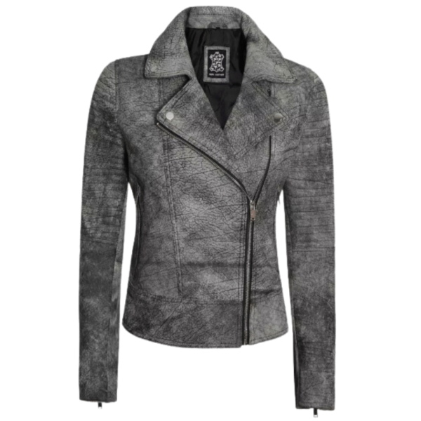Men Grey Leather Distressed Biker Jacket