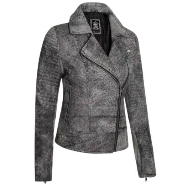 Grey Leather Distressed Biker Jacket Mens