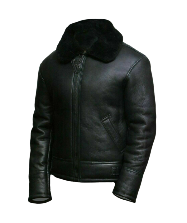 Men Black Aviator Fur Collar Leather Jacket
