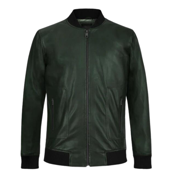 Men Dark Green Bomber Leather Jacket