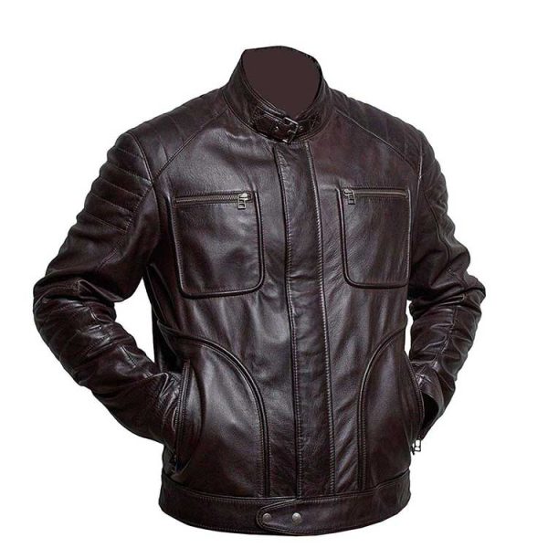 Men Brown Biker Belted Collar Cafe Racer Leather Jacket