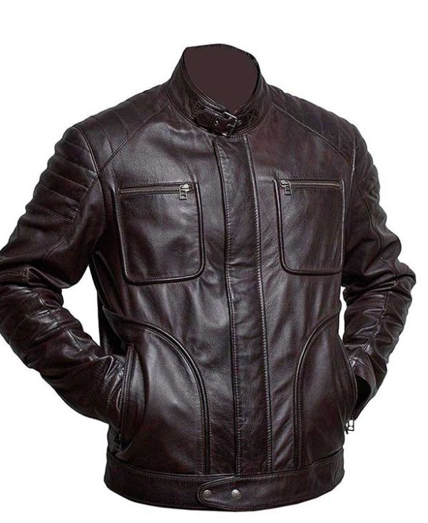 Men Brown Biker Belted Collar Cafe Racer Leather Jacket
