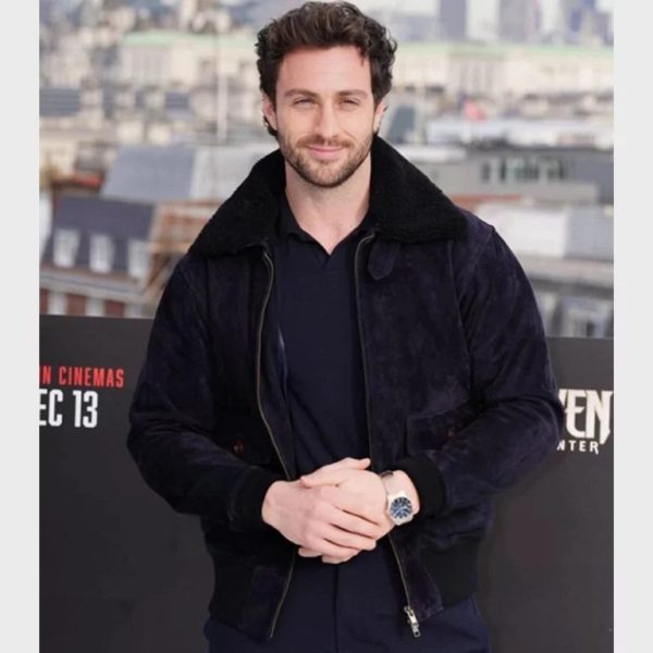 AaronTaylor-JohnsonBlueSuedeShearlingAviatorBomberJacket